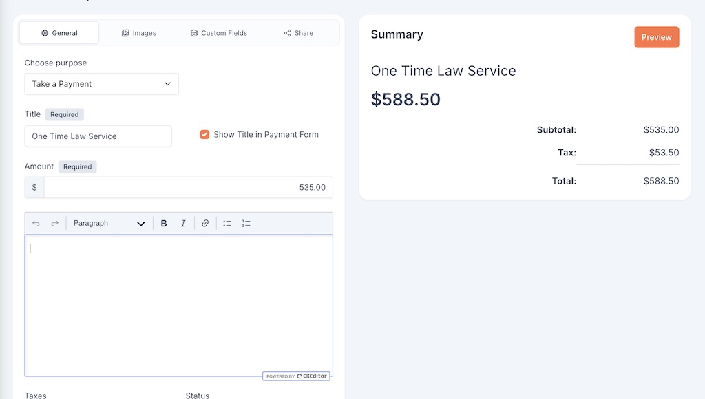 Constructor de Payment Link — Propósito, título, monto e impuestos; resumen en vivo con Subtotal, Impuestos y Total